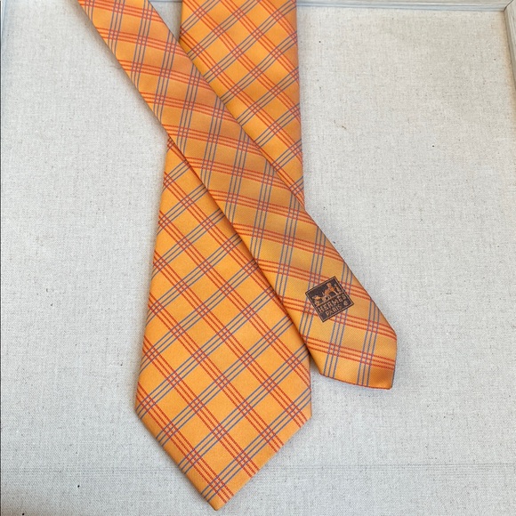 Hermes Other - Hermes Orange and Gray Plaid Tie